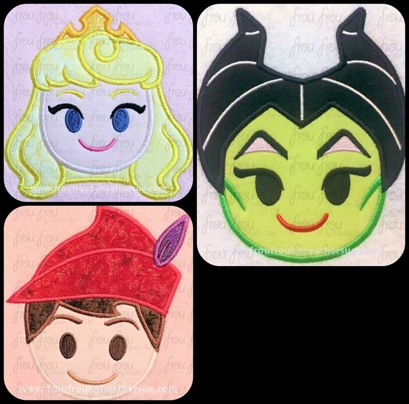 Sleeping Pretty Movie Emoji THREE Design SET machine embroidery design, multiple sizes including 2&quot;-16&quot;