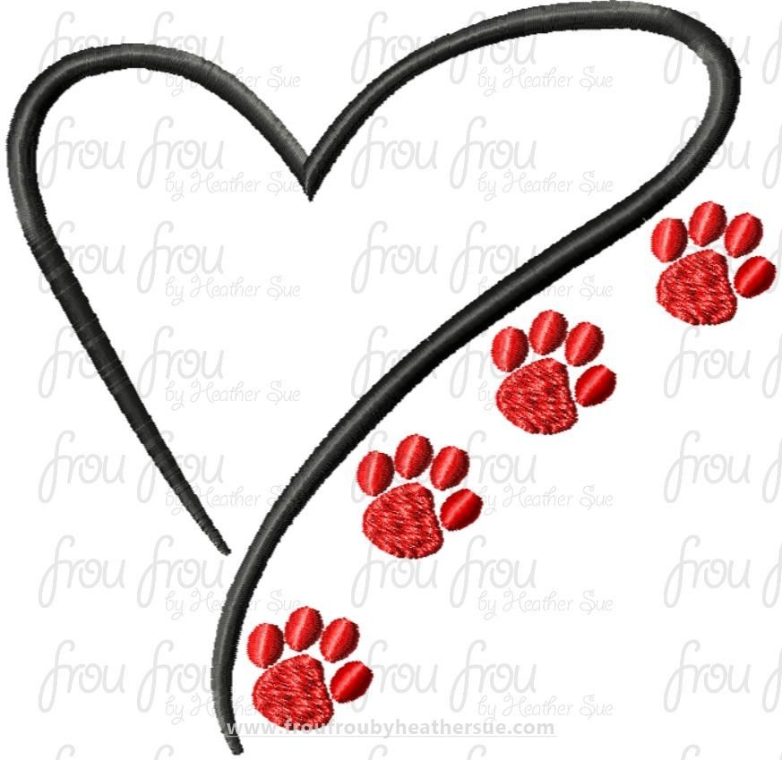 Heart with Paw Prints Sketch Machine Embroidery Design- Multiple Sizes- 1.5"-16"