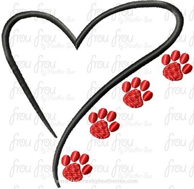 Heart with Paw Prints Sketch Machine Embroidery Design- Multiple Sizes- 1.5