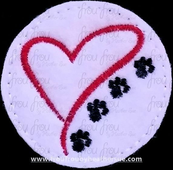 Clippie Heart with Paw Prints Sketch Machine Embroidery In The Hoop Project  1.5, 2, 3, and 4 inch