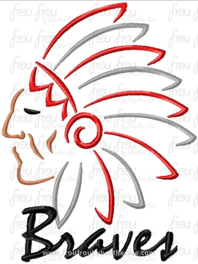 Braves Mascot Sketch TWO VERSIONS, with and without wording, Machine Embroidery Design, Multiple sizes 2"-16"