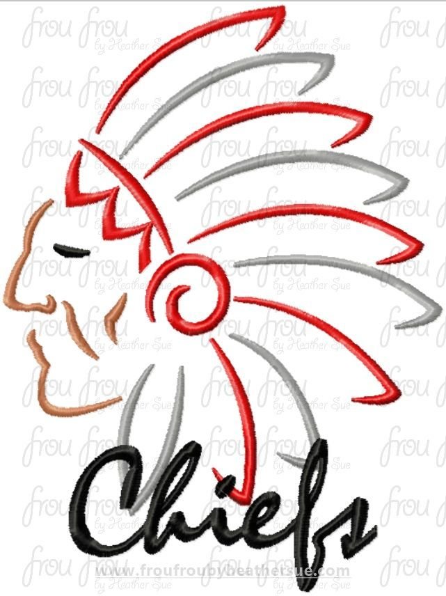 Chiefs Mascot Sketch TWO VERSIONS, with and without wording, Machine Embroidery Design, Multiple sizes 2"-16"