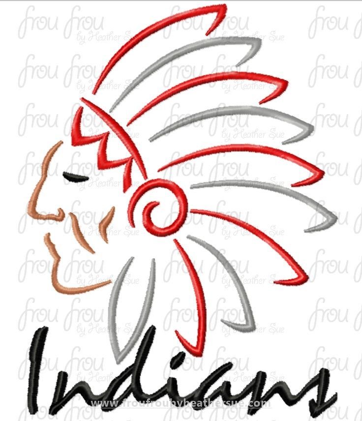 Indians Mascot Sketch TWO VERSIONS, with and without wording, Machine Embroidery Design, Multiple sizes 2"-16"