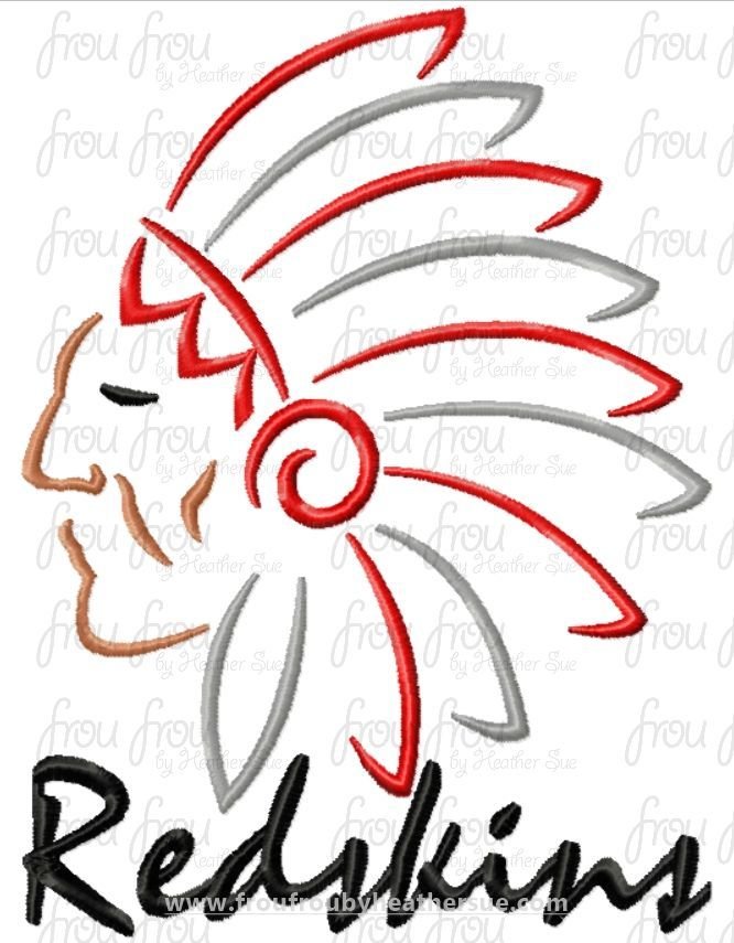 Redskins Mascot Sketch TWO VERSIONS, with and without wording, Machine Embroidery Design, Multiple sizes 2"-16"