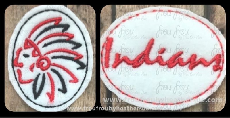 Clippie Indians Sketch and cursive wording TWO Design SET Mascot Machine Embroidery In The Hoop Project  1.5, 2, 3, and 4 inch