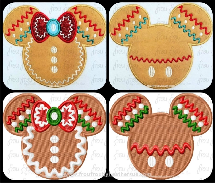 Gingerbread Mister and Miss Mouse Head TWO Design SET Machine Applique and filled Embroidery Designs, multiple sizes including 2