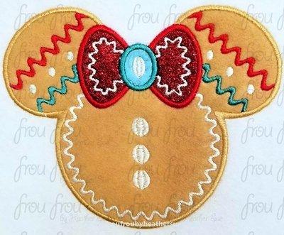 Gingerbread Miss Mouse Head Machine Applique and filled Embroidery Designs, multiple sizes including 2