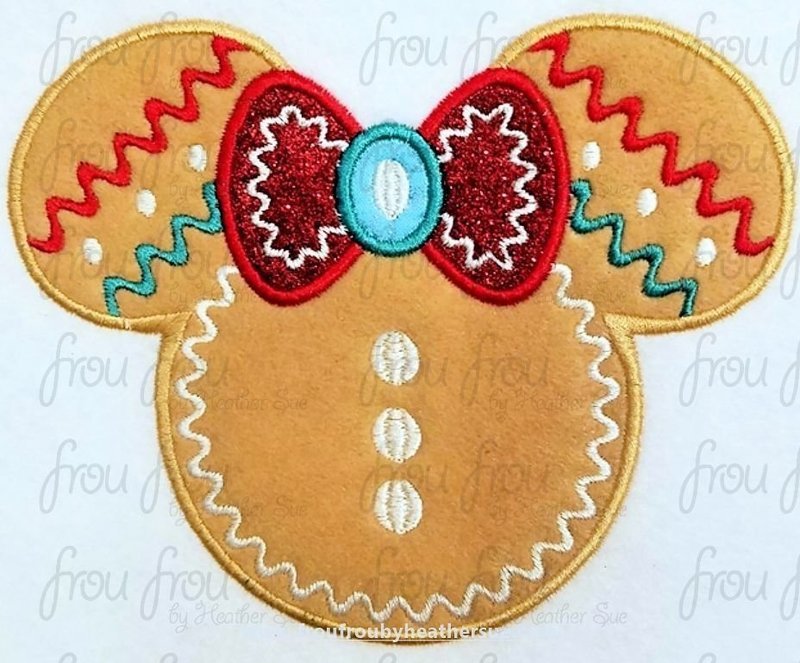 Gingerbread Miss Mouse Head Machine Applique and filled Embroidery Designs, multiple sizes including 2"-16"
