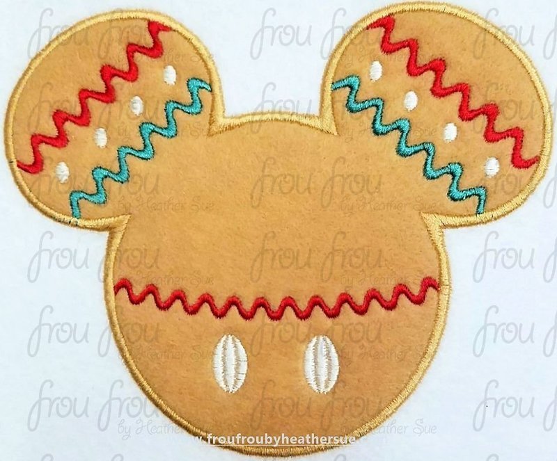 Gingerbread Mister Mouse Head Machine Applique and filled Embroidery Designs, multiple sizes including 2"-16"
