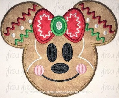 Gingerbread Miss Mouse Head with Face Machine Applique and filled Embroidery Designs, multiple sizes including 2