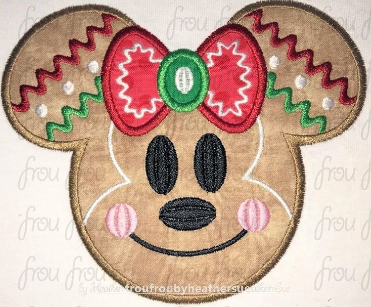 Gingerbread Miss Mouse Head with Face Machine Applique and filled Embroidery Designs, multiple sizes including 2"-16"