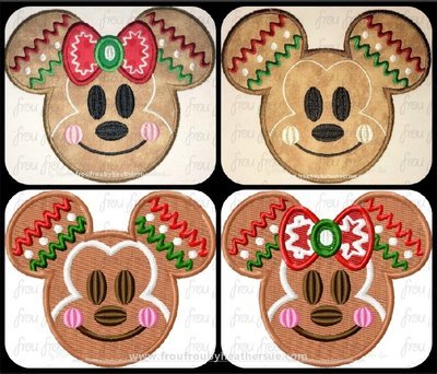 Gingerbread Mister and Miss Mouse Head with Face TWO Design SET Machine Applique and filled Embroidery Designs, multiple sizes including 2