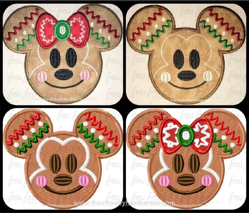 Gingerbread Mister and Miss Mouse Head with Face TWO Design SET  Machine Applique and filled Embroidery Designs, multiple sizes including 2"-16"
