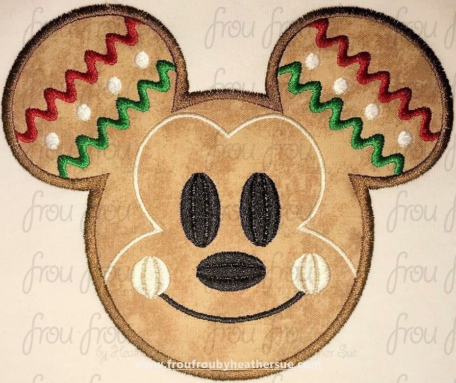Gingerbread Mister Mouse Head with Face Machine Applique and filled Embroidery Designs, multiple sizes including 2