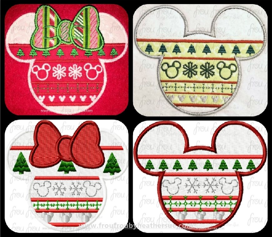 Christmas Sweater Mister and Miss Mouse Head TWO Design SET Machine Applique and filled Embroidery Designs, multiple sizes including 3&quot;-16&quot;