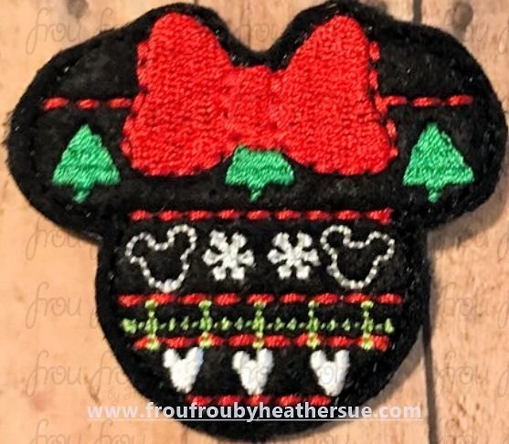 Clippie Christmas Sweater Miss Mouse Head Machine Embroidery In The Hoop Project 1.5, 2, 3, and 4 inch