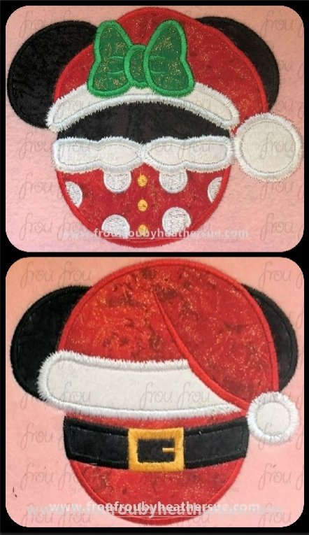 Santa Mister and Miss Mouse Head Wearing Pants TWO Design SET Machine Applique and filled Embroidery Designs, multiple sizes including 2&quot;-16&quot;