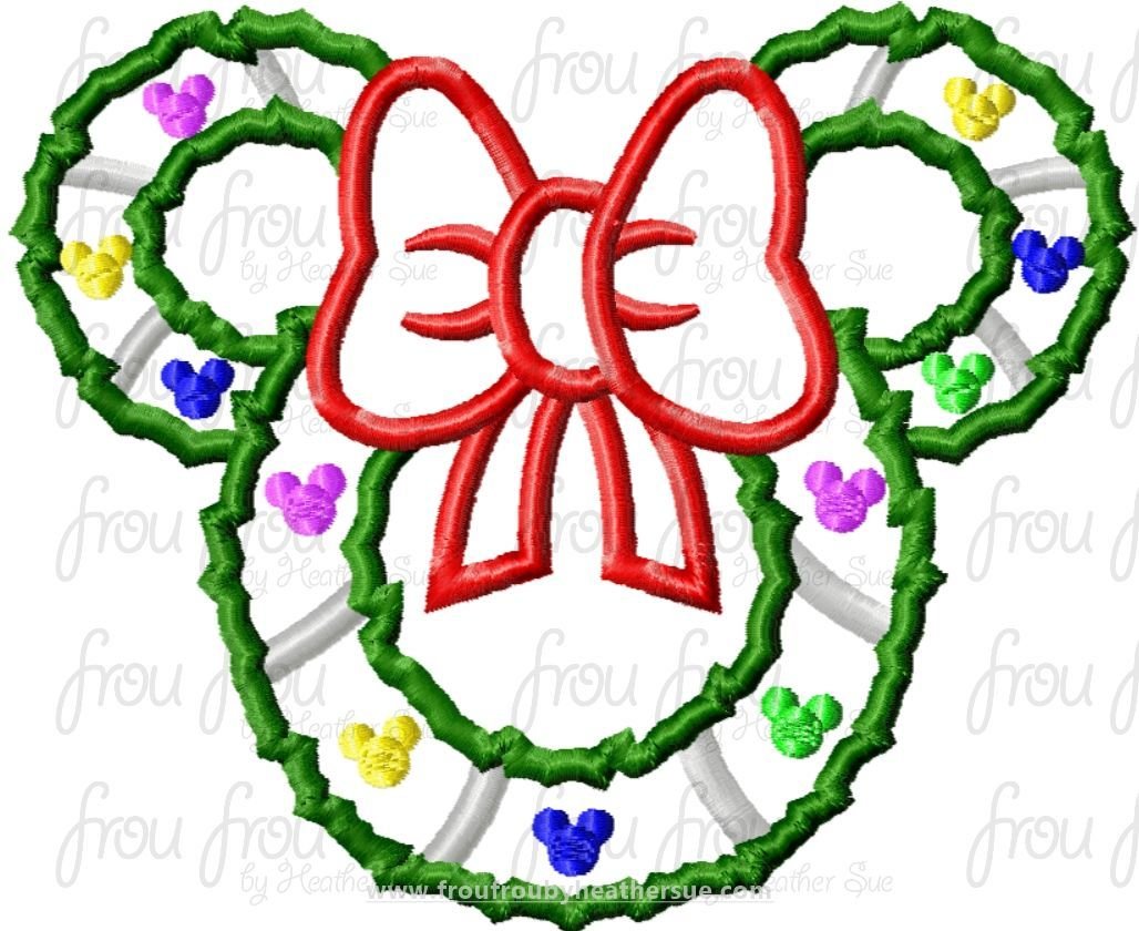 Wreath Miss Mouse Head Machine Applique and filled Embroidery Designs, multiple sizes including 2&quot;-16&quot;