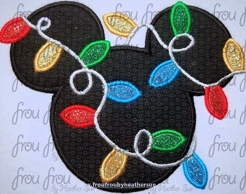 Christmas Lights Mister Mouse Head Machine Applique and filled Embroidery Designs, multiple sizes including 2&quot;-16&quot;