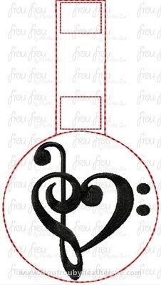 Heart Musical Notes Marching Band Key Fob short and long tab, velcro or snaps, THREE SIZES in the hoop Machine Applique Embroidery Design- 4