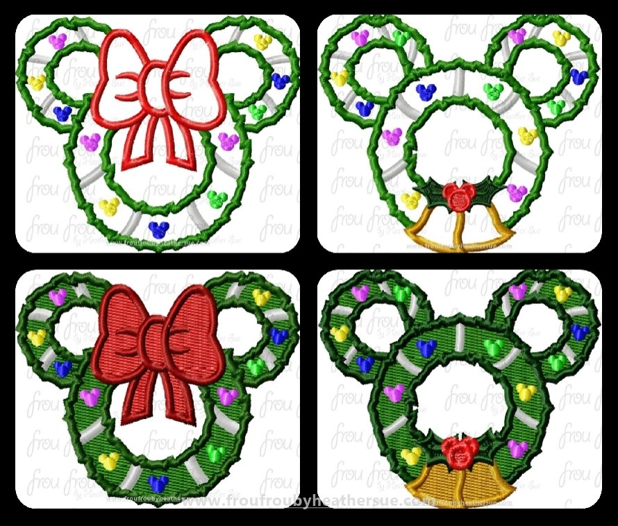 Wreath Miss and Mister Mouse Head TWO Design SET Machine Applique and filled Embroidery Designs, multiple sizes including 2&quot;-16&quot;