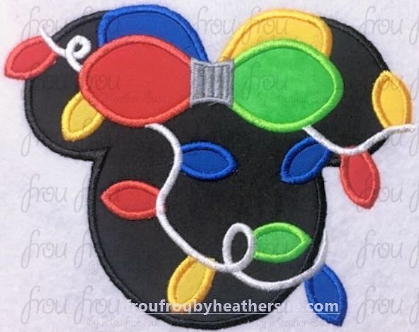 Christmas Lights Miss Mouse Head Machine Applique and filled Embroidery Designs, multiple sizes including 2&quot;-16&quot;