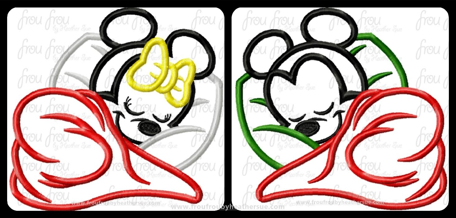 Sleeping Baby Mister and Miss Mouse With Blanket TWO Design SET Machine  Applique Embroidery Design, Multiple Sizes, including 2&quot;-16&quot;