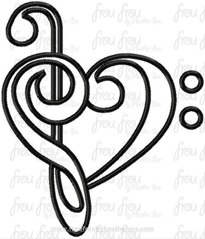 Heart Musical notes Machine Embroidery Design, multiple sizes, including 1&quot;-16&quot;