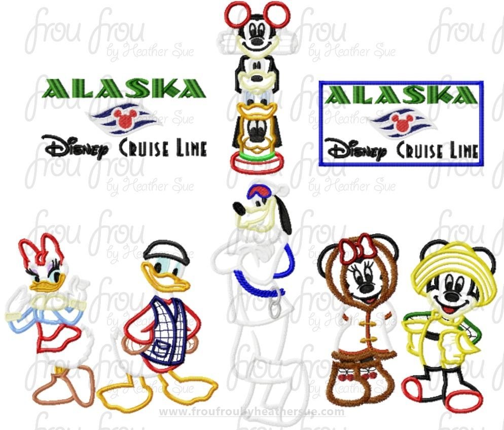 Alaskan Dis Cruise Line Ship EIGHT Design SET Machine  Applique Embroidery Design, Multiple Sizes, including  4 inch
