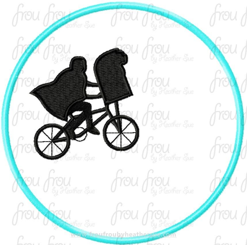 Extra Terrestrial on Bike with Moon Machine Applique and filled Embroidery Design, Multiple sizes 2&quot;-16&quot;