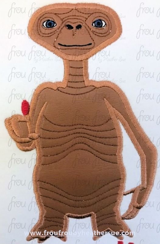 Extra Terrestrial with red light finger Machine Applique and filled Embroidery Design, Multiple sizes 2&quot;-16&quot;