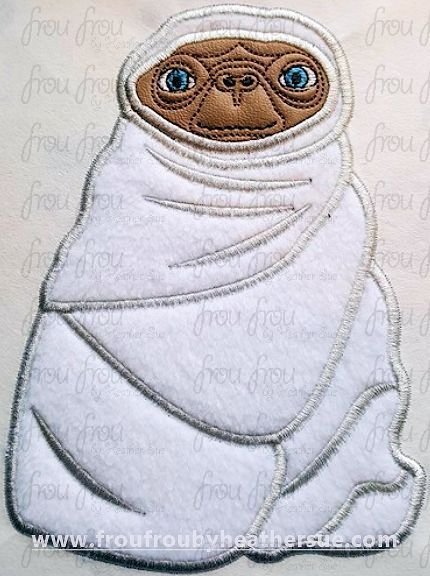 Extra Terrestrial Wrapped in Blanket Machine Applique and filled Embroidery Design, Multiple sizes 3&quot;-16&quot;
