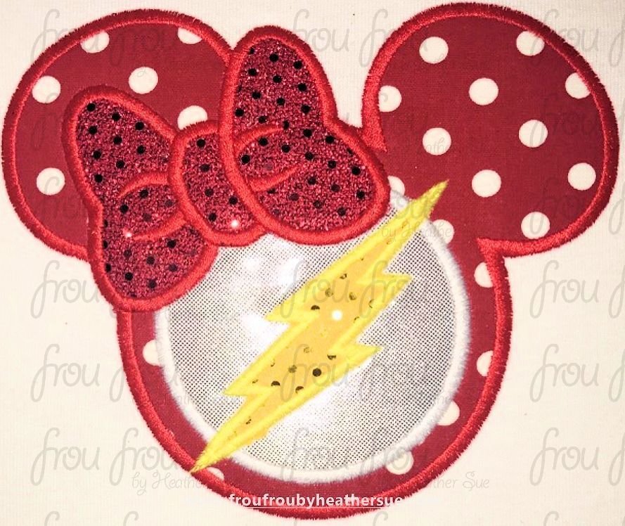 Lightning Bolt Super Hero Miss Mouse Head Machine Applique Embroidery Designs, multiple sizes including 1&quot;-16&quot;