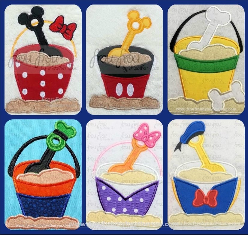 Beach Bucket and Shovel Mister Mouse and Friends SIX Design SET Summer Machine Applique Embroidery Design, multiple sizes 3"-16"