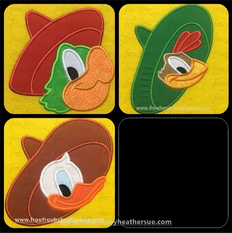 Three Caballeros Just Heads Don Duck and Friends THREE Design SET Machine Applique Embroidery Design, Multiple Sizes, including  2&quot;-16&quot;