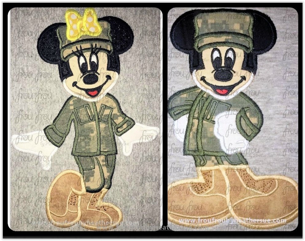 Military Fatigues Mister and Miss Mouse Full Body TWO Design SET Machine Applique Embroidery Design, Multiple Sizes 4"-16"