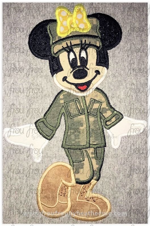 Military Fatigues Miss Mouse Full Body Machine  Applique Embroidery Design, Multiple Sizes 4"-16"