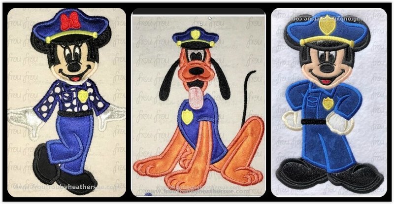 Police Officer Mister Mouse, Miss Mouse, and Plulo Full Body THREE Design SET Machine  Applique Embroidery Design, Multiple Sizes 4"-16"