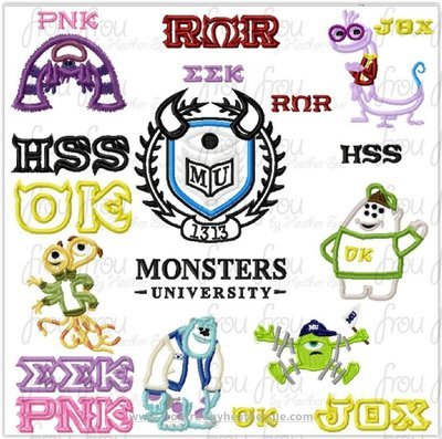 Monster College THIRTEEN Design SET Machine Applique Embroidery Design, Multiple sizes, including 4 inch