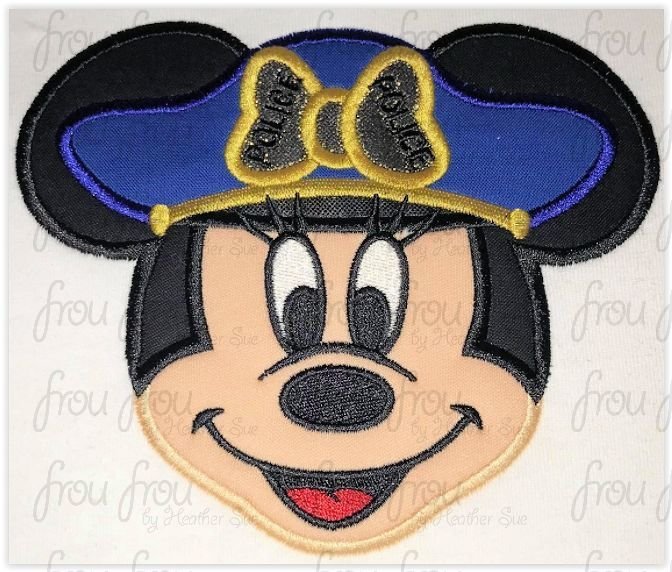 Police Officer Miss Mouse Face Machine  Applique Embroidery Design, Multiple Sizes 2"-16"