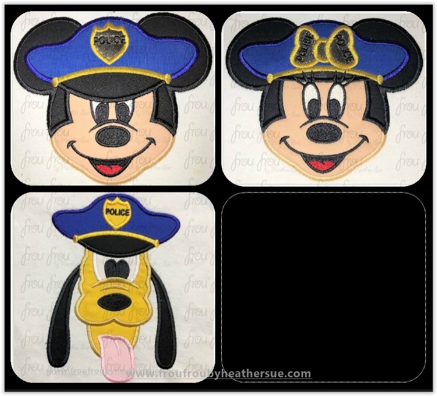 Police Officer Mister Mouse Face and Friends 3 Design SET Machine Applique Embroidery Design, Multiple Sizes 2"-16"