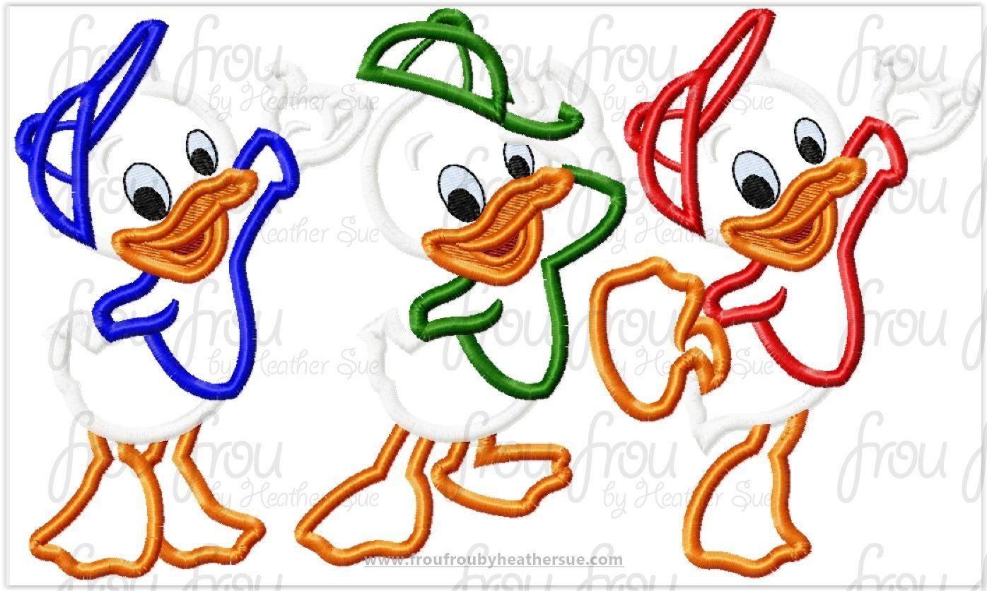 Hughey, Dooey, and Louie in one hoop and separate Full Body FOUR Design SET Machine Applique Embroidery Design, Multiple Sizes- 4&quot;-16&quot;