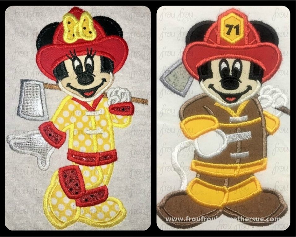 Firefighter Mister and Miss Mouse Full Body TWO Design SET Machine Applique Embroidery Design, Multiple Sizes 4"-16"