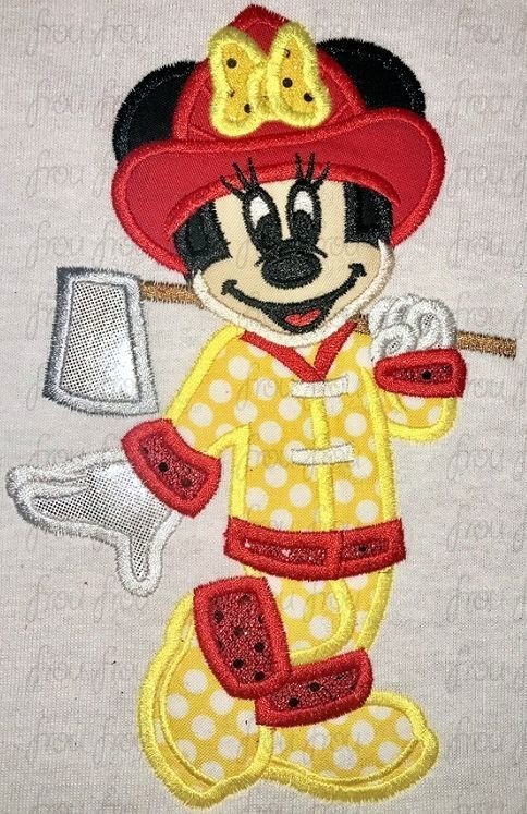 Firefighter Miss Mouse Full Body Machine  Applique Embroidery Design, Multiple Sizes 4"-16"