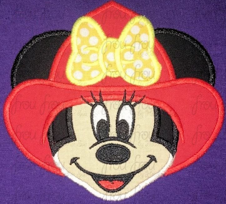 Firefighter Miss Mouse Face Machine  Applique Embroidery Design, Multiple Sizes 2"-16"