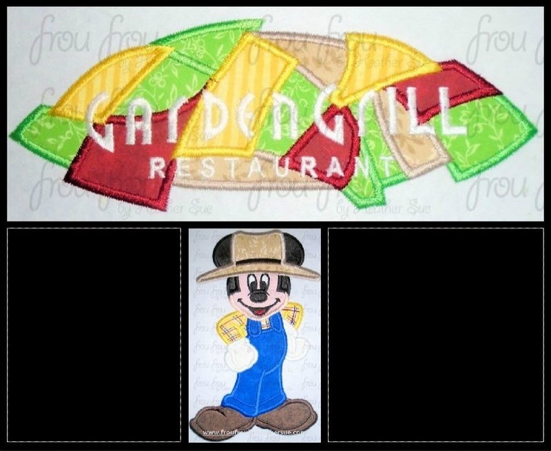Farmer Mister Mouseand Garden Ecpot Restaurant Logo Wording TWO Design SET Machine Applique Embroidery Design, multiple sizes including 3&quot;-16&quot;