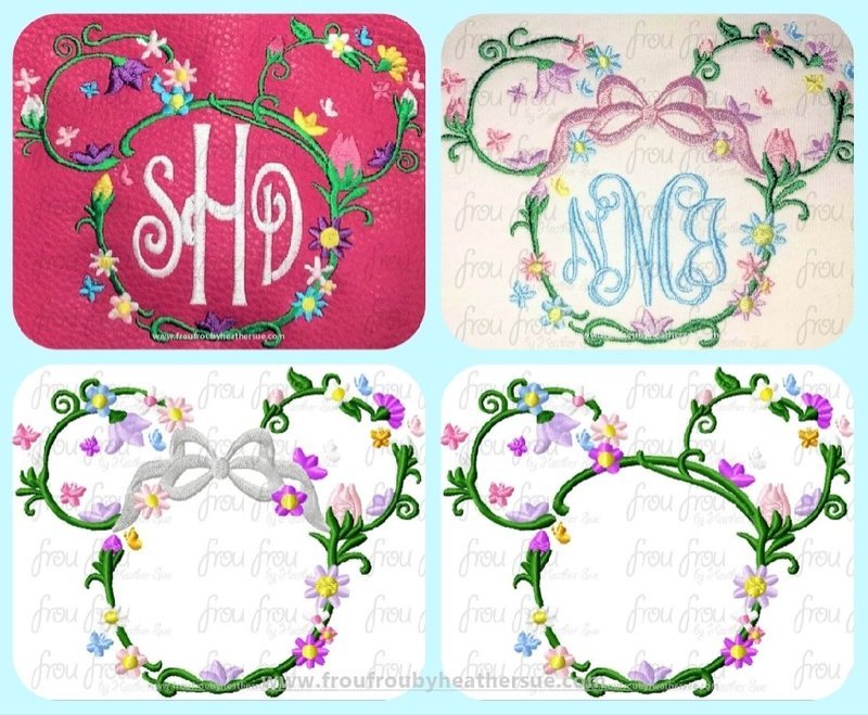 Flower Outline Mister and Miss Mouse Head TWO Design SET Machine Embroidery Design, Multiple sizes including 4 inch