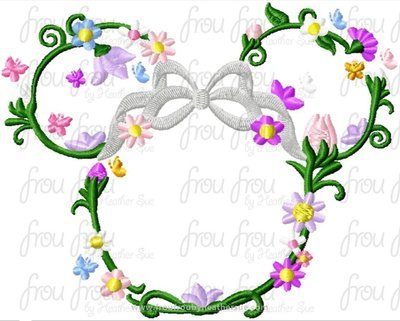 Flower Outline Miss Mouse Head Machine Embroidery Design, Multiple sizes including 4 inch