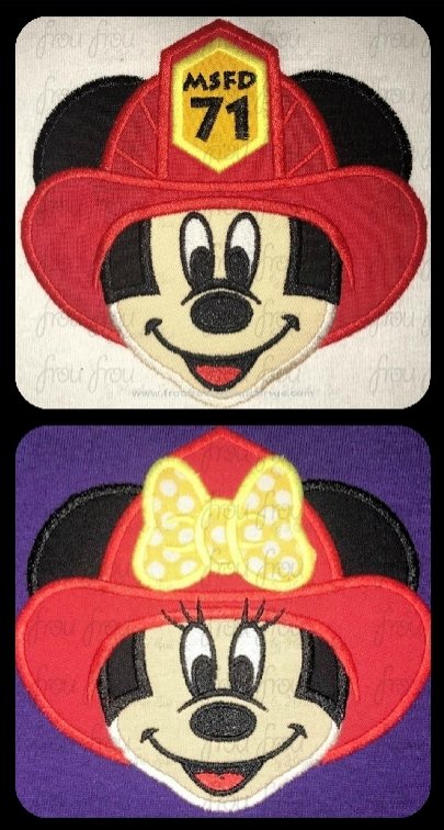 Firefighter Mister and Miss Mouse Head with Face Two Design SET Machine  Applique Embroidery Design, Multiple Sizes 2"-16"