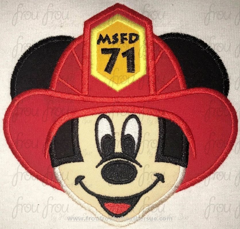 Firefighter Mister Mouse Head with Face Machine Applique Embroidery Design, Multiple Sizes 2"-16"